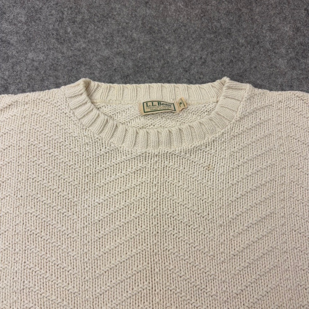 VTG LL Bean Sweater Mens Medium Cream Chevron Textured Cotton Knit USA Made 90s - Picture 3 of 11